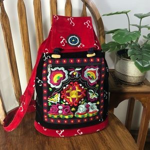Red and Black Velvet Embroidered Backpack